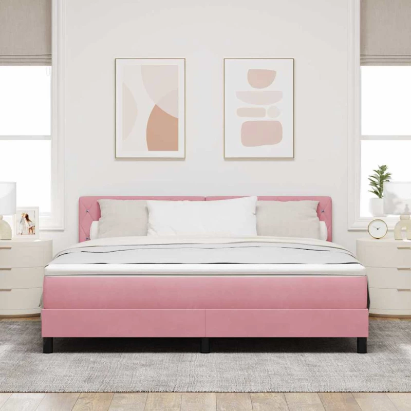vidaXL Κρεβάτι Box Spring με Στρώμα & LED Ροζ 180x200 εκ. Βελούδο