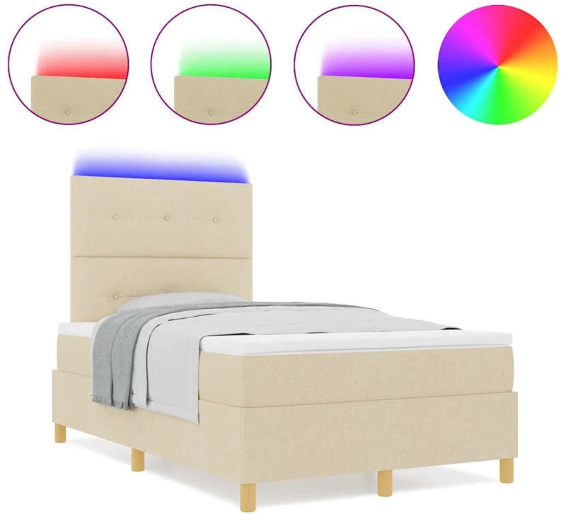 vidaXL Κρεβάτι με ελατήριο και στρώμα & LED Κρεμ 120x190 εκ. Ύφασμα