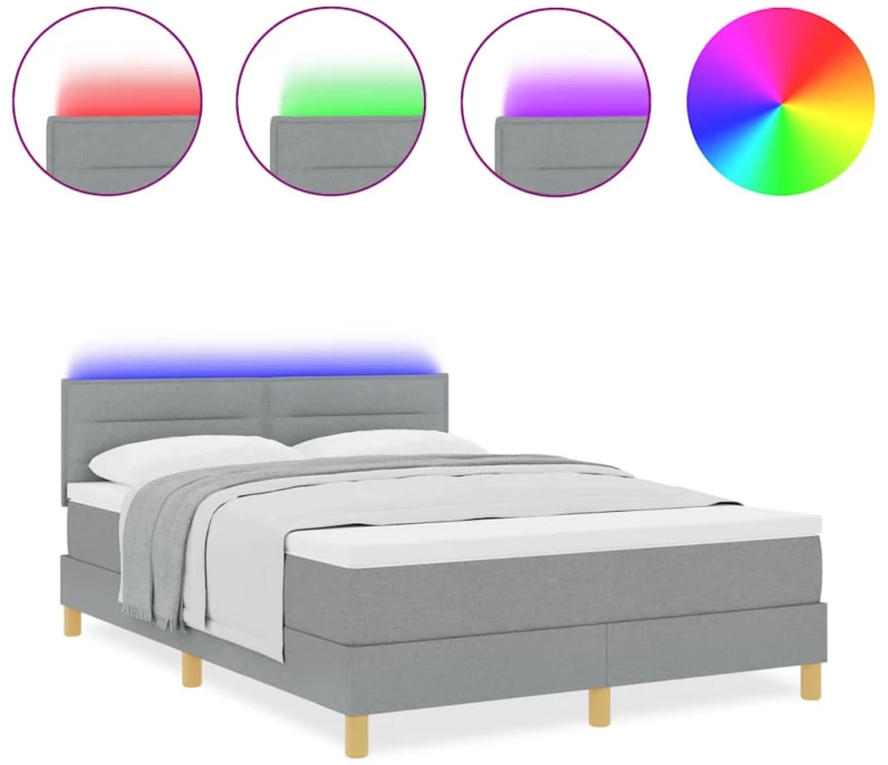 vidaXL Κρεβάτι Box Spring με Στρώμα & LED Ανοιχτό Γκρι 140x190 εκ. Ύφασμα