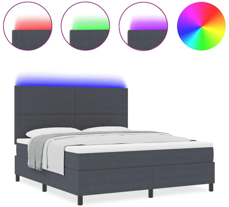 vidaXL Κρεβάτι με Βάση με Στρώμα & LED Σκούρο Γκρι Καπιτονέ Ύφασμα