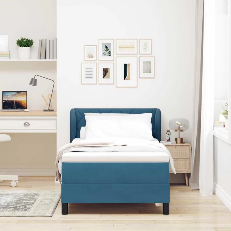 Κρεβάτι Box Spring με Στρώμα vidaXL Μπλε Σκούρο 100x200 εκ Βελούδο