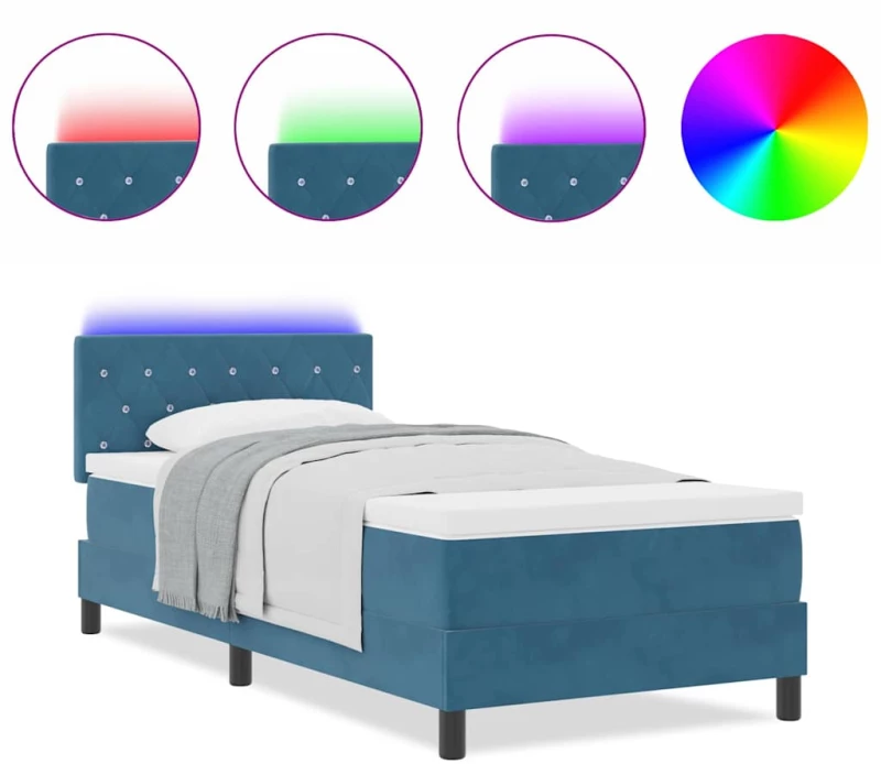 vidaXL Κρεβάτι Box Spring με Στρώμα & LED Σκούρο Μπλε 90x190 εκ Βελούδο