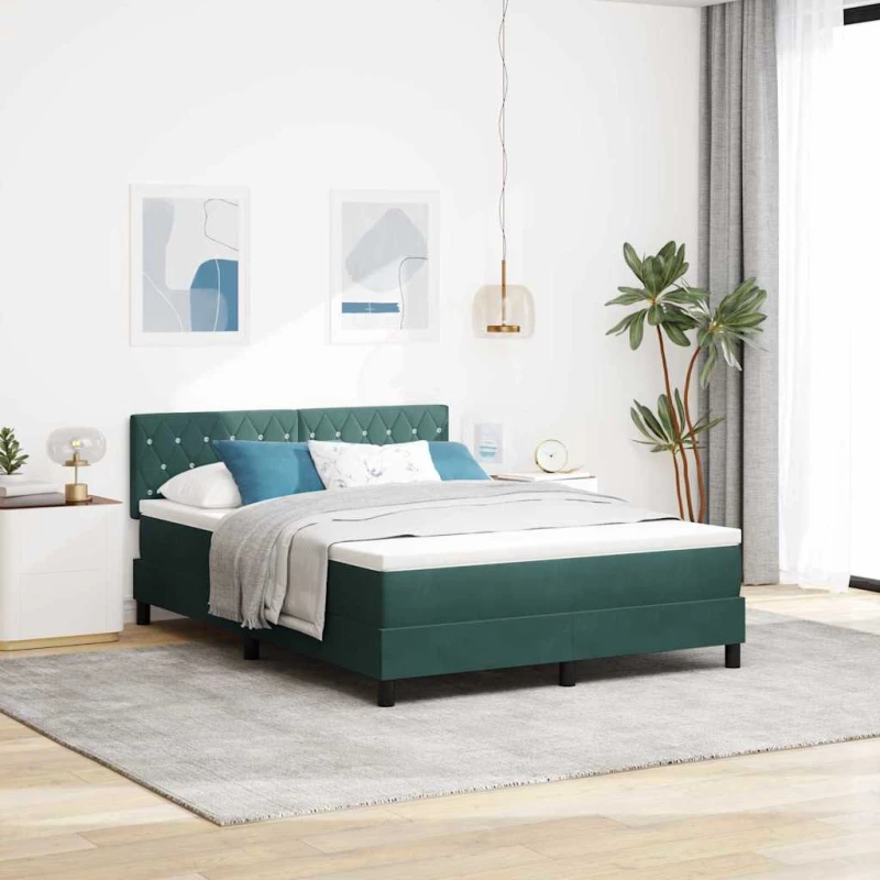 κρεβάτι box spring vidaXL με στρώμα & LED σκούρο πράσινο 140x190 εκ. βελούδο