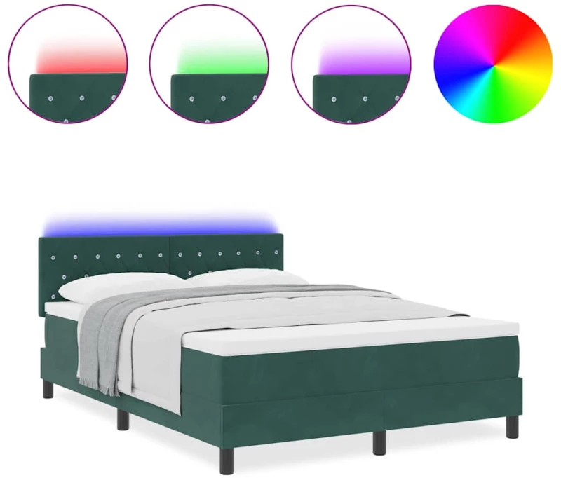 κρεβάτι box spring vidaXL με στρώμα & LED σκούρο πράσινο 140x190 εκ. βελούδο