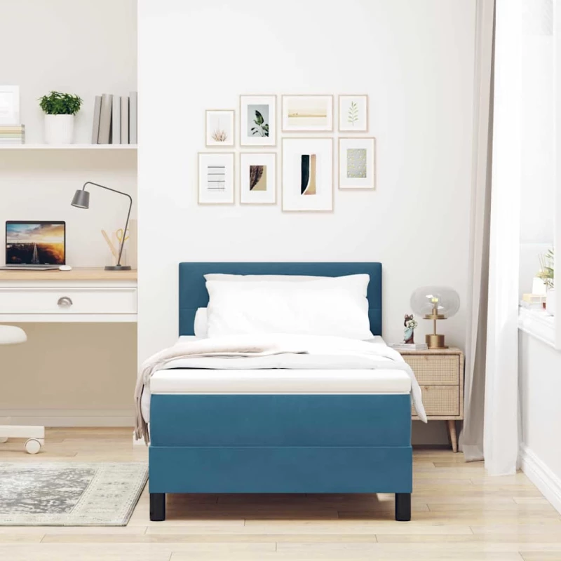 Κρεβάτι Box Spring με Στρώμα & LED vidaXL Σκούρο Μπλε 100x200 εκ. Βελούδο