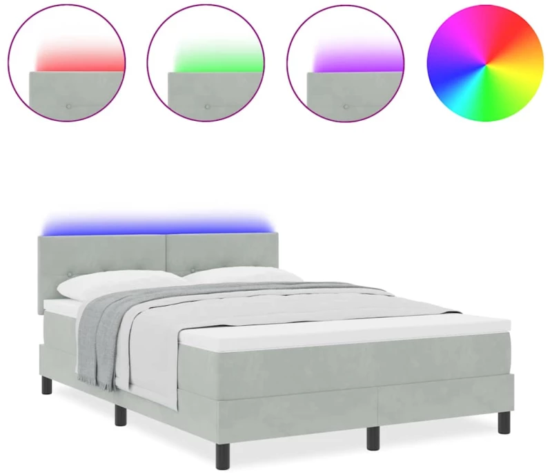 Κρεβάτι Box Spring vidaXL με Στρώμα & LED Ανοιχτό Γκρι 140x200 εκ Βελούδινο