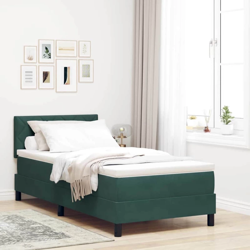 Κρεβάτι Box Spring με στρώμα & LED Σκούρο Πράσινο 90x190 εκ Βελούδο