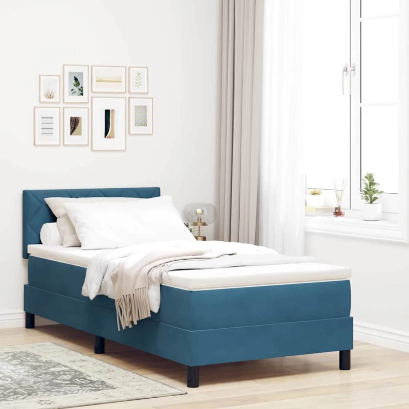 vidaXL Κρεβάτι Box Spring με Στρώμα & LED Σκούρο Μπλε 100x200 εκ Βελούδο