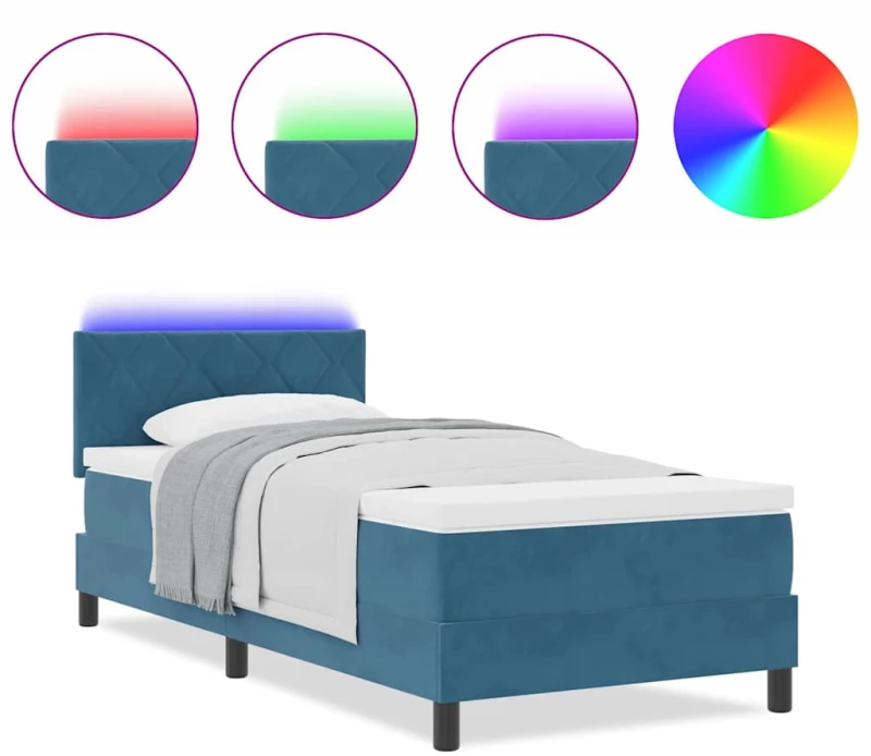 vidaXL Κρεβάτι Box Spring με Στρώμα & LED Σκούρο Μπλε 100x200 εκ Βελούδο