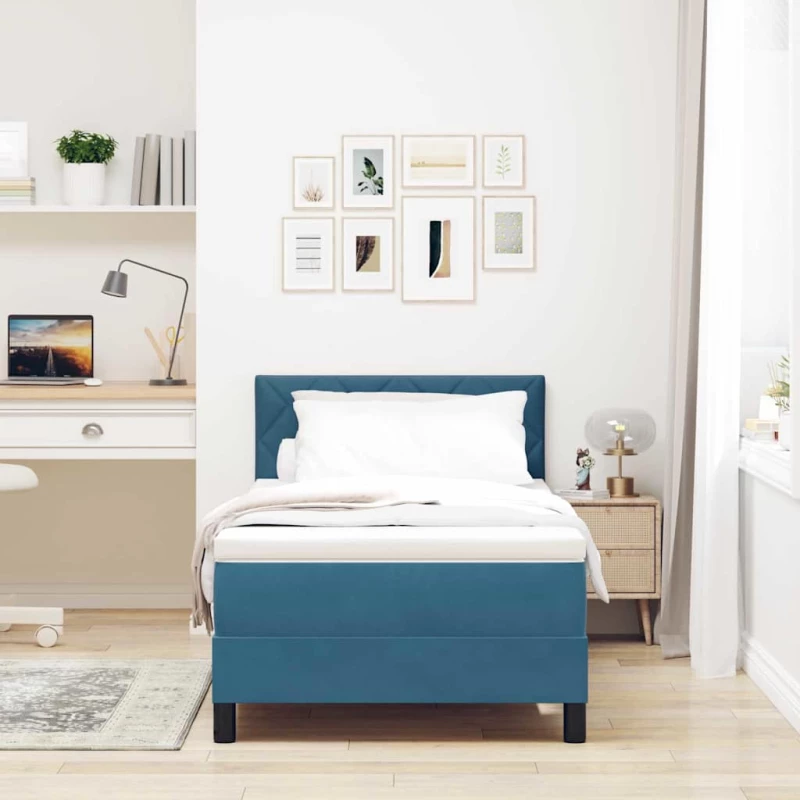 vidaXL Κρεβάτι Box Spring με Στρώμα & LED Σκούρο Μπλε 100x200 εκ Βελούδο