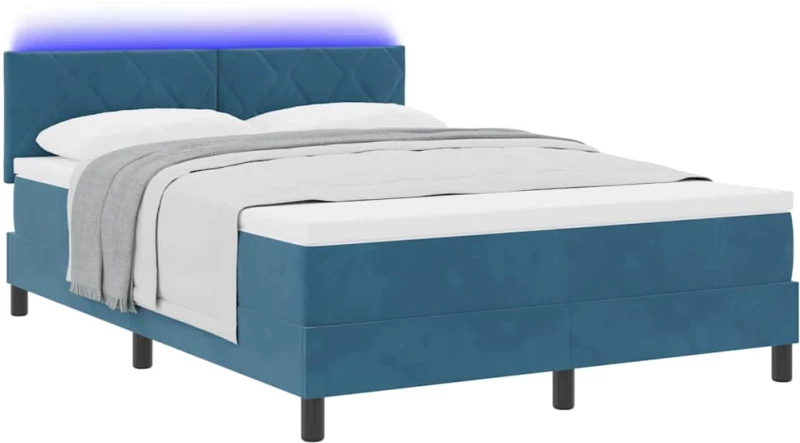 vidaXL Κρεβάτι Box Spring με Στρώμα και LED Σκούρο Μπλε 160x200 εκ Βελούδο