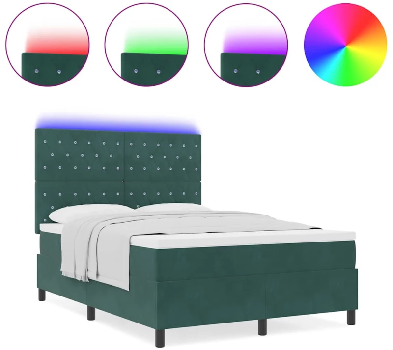 vidaXL Κρεβάτι Box Spring με Στρώμα & LED Σκούρο Πράσινο 140x200 cm Βελούδο