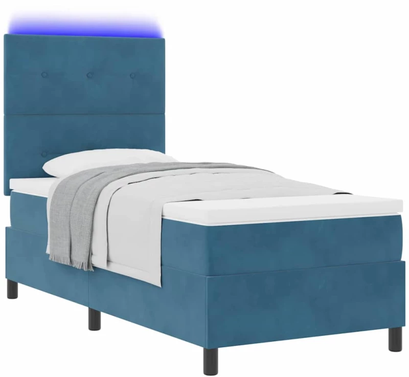 vidaXL Κρεβάτι Box Spring με Στρώμα & LED Σκούρο Μπλε 90x200 εκ Βελούδο