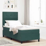 vidaXL Κρεβάτι Box Spring με Στρώμα & LED Σκούρο Πράσινο 100x200 cm Βελούδο