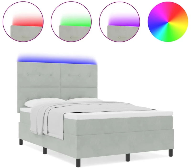 vidaXL Κρεβάτι Box Spring με Στρώμα & LED Φως Γκρι 140x200 εκ Βελούδο