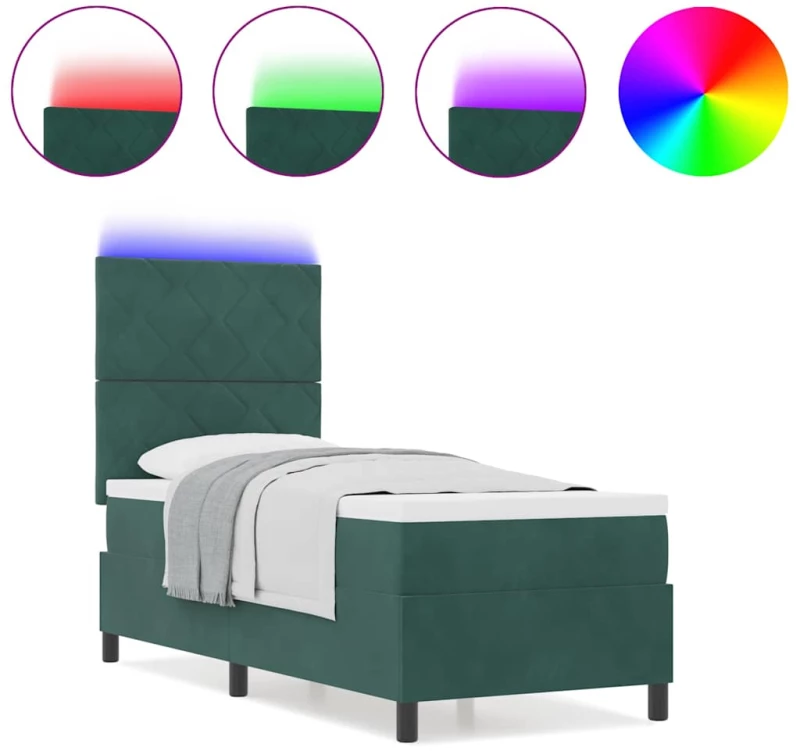 Κρεβάτι Box Spring με Στρώμα & LED σε Σκούρο Πράσινο 80x200 εκ. Βελούδο
