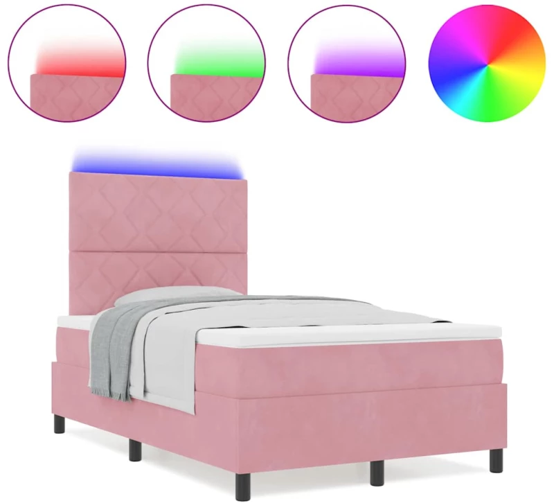 κρεβάτι box spring vidaXL με στρώμα και LED ροζ 120x190 εκ. βελούδο