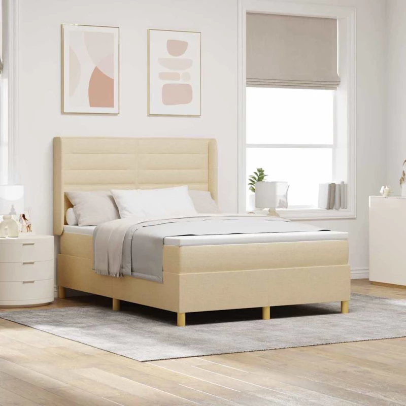 Κρεβάτι Box Spring με Στρώμα & LED Κρεμ 140x200 εκ Υφάσματος