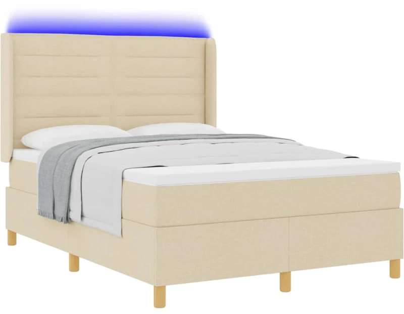 Κρεβάτι Box Spring με Στρώμα & LED Κρεμ 140x200 εκ Υφάσματος