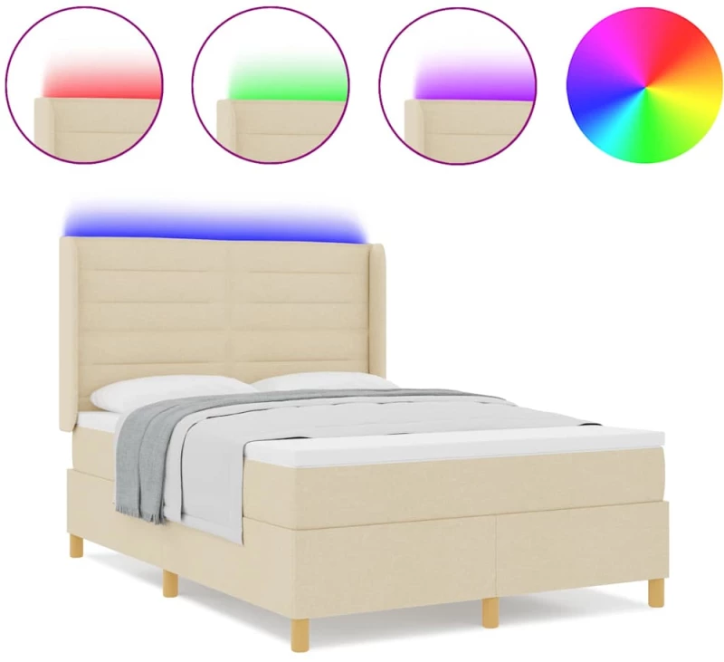 Κρεβάτι Box Spring με Στρώμα & LED Κρεμ 140x200 εκ Υφάσματος