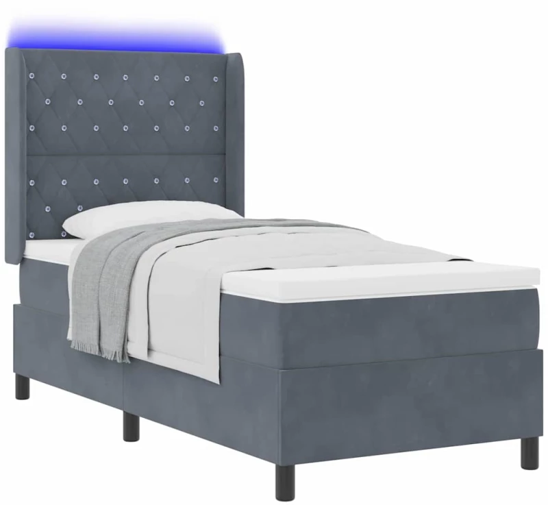 vidaXL Κρεβάτι Box Spring με Στρώμα & LED Σκούρο Γκρι 90x200 cm Βελούδο