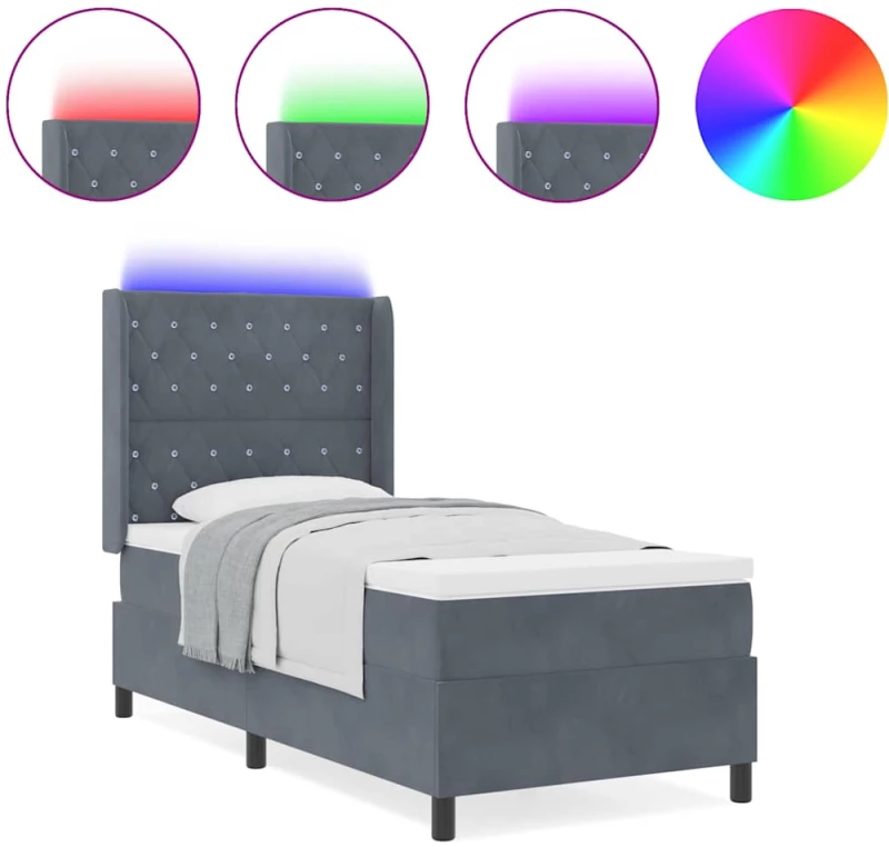 vidaXL Κρεβάτι με Στρώμα & LED Σκούρο Γκρι 100x200 εκ Βελούδο