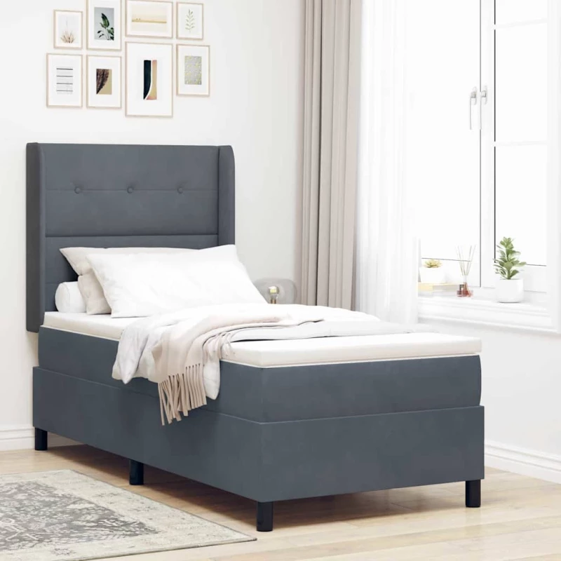 κρεβάτι Box Spring με στρώμα & LED γκρίζο σκούρο 90x190 εκ. Βελούδο