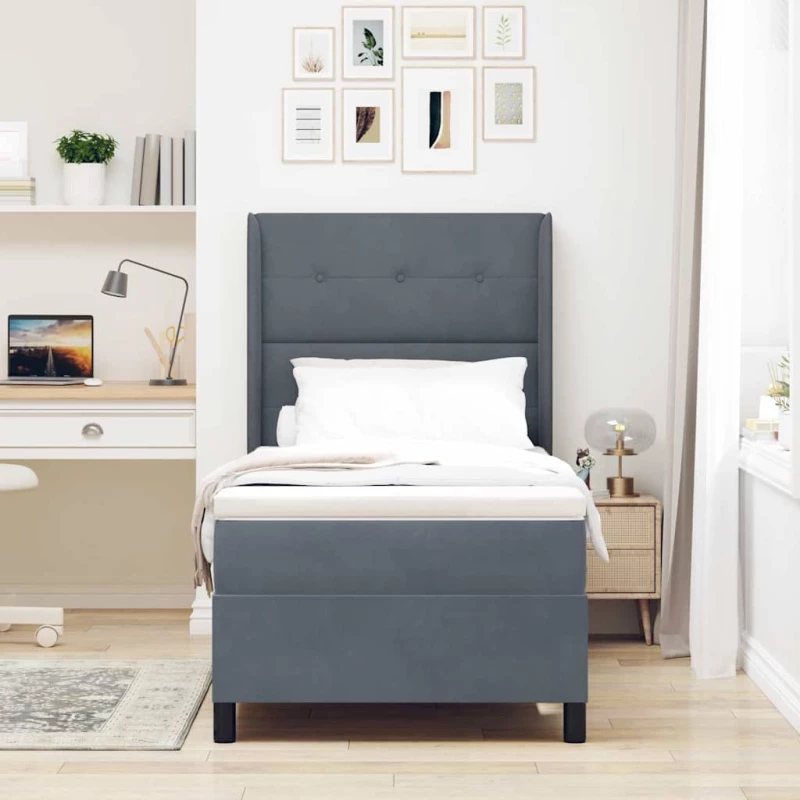κρεβάτι Box Spring με στρώμα & LED γκρίζο σκούρο 90x190 εκ. Βελούδο