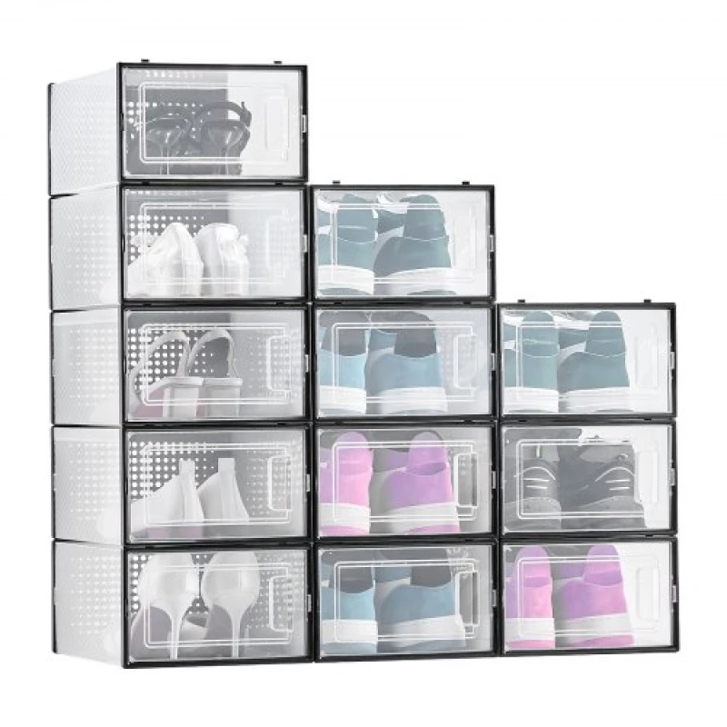 VEVOR Shoe Storage Boxes 12 Pack Stackable Storage Organizers US Size 11 Black