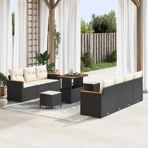 vidaXL σετ κήπου 10 τεμαχίων με μαξιλάρια, μαύρο poly rattan και ακακία