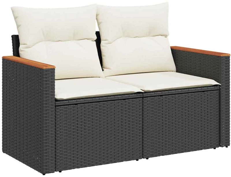vidaXL σετ κήπου 10 τεμαχίων με μαξιλάρια, μαύρο poly rattan και ακακία