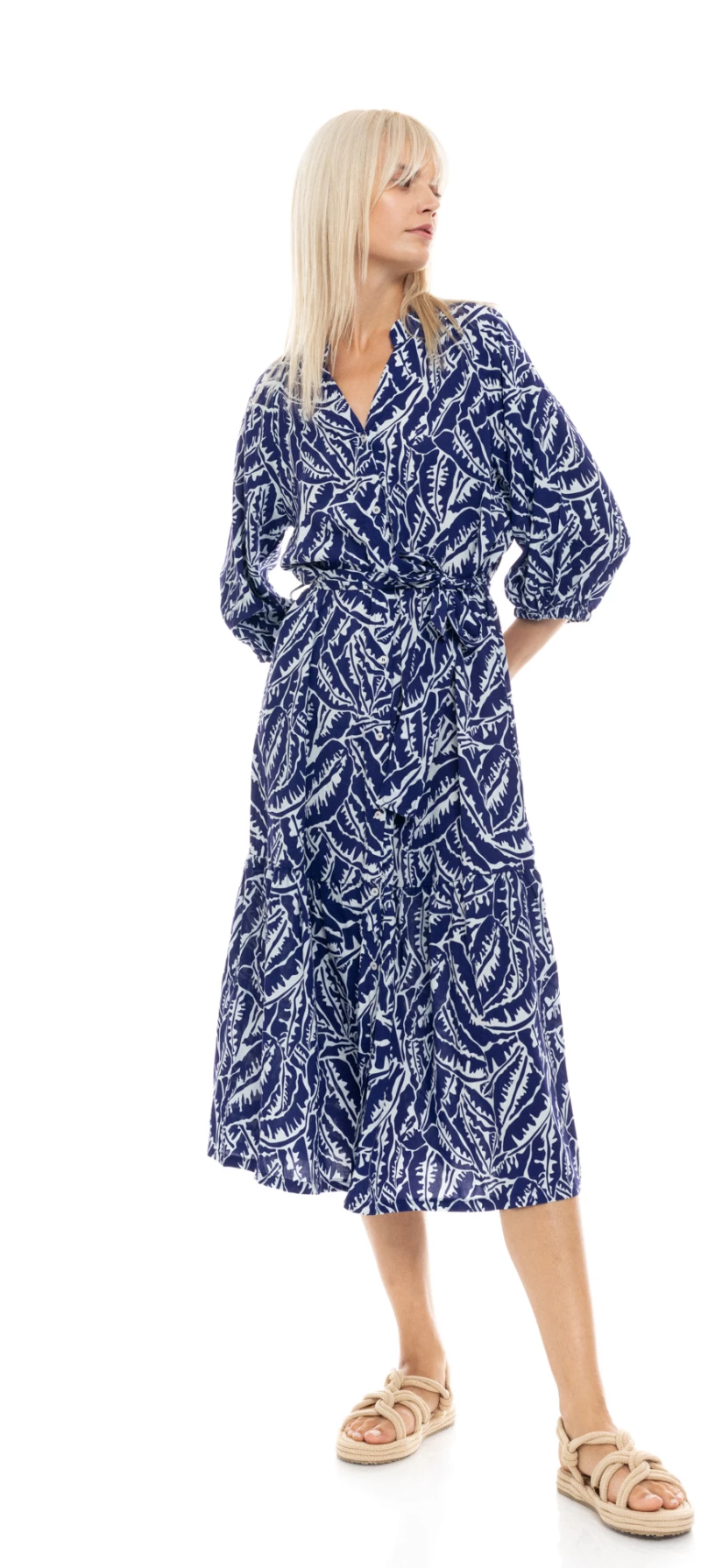 Γυναικείο Beachdress Pink Label - LONG BLUE PALM - Viscose - 3/4 Μανίκι