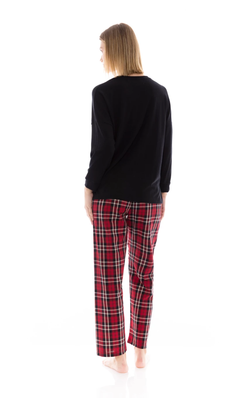Γυναικεία Πυτζάμα Pink Label - Καρό κόκκινο - Μαύρη - Cotton - Regular Fit