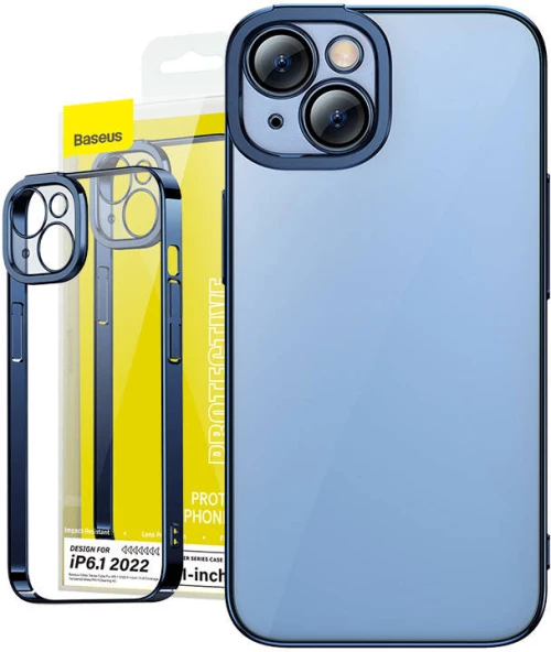 Baseus glitter transparent case and tempered glass set for iphone 14 (blue)