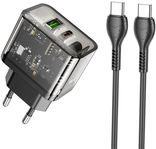 Hoco Wall Charger Usb A + Type C + Cable Type C To Type C Pd Qc3.0 3A 20W N34 Transparnent