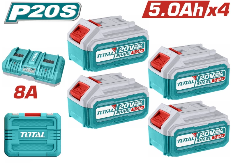 Σετ 4 μπαταρίες 20V / 5.0Ah λιθίου & διπλός ταχυφορτιστής TOTAL TFBCLI20285E