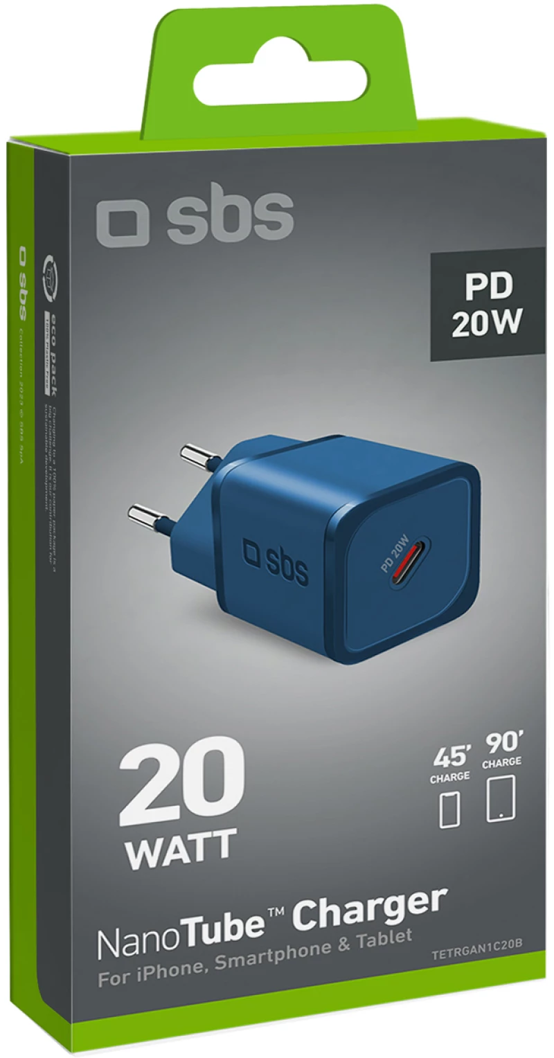 SBS TETRGAN1C20B 20W GaN Wall Charger with Power Delivery - Blue