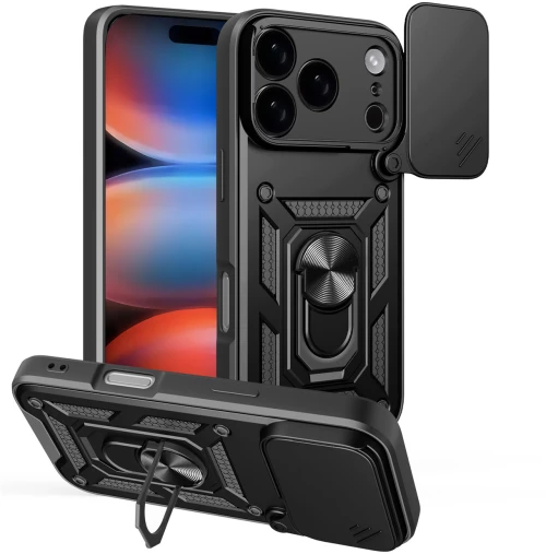 Hybrid Armor Camshield Case for iPhone 17 Pro Max with Stand and Camera Cover - Black