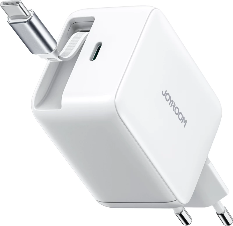 Joyroom JR-TCL06 67W GaN Wall Charger with Built-in Retractable USB-C Cable - White