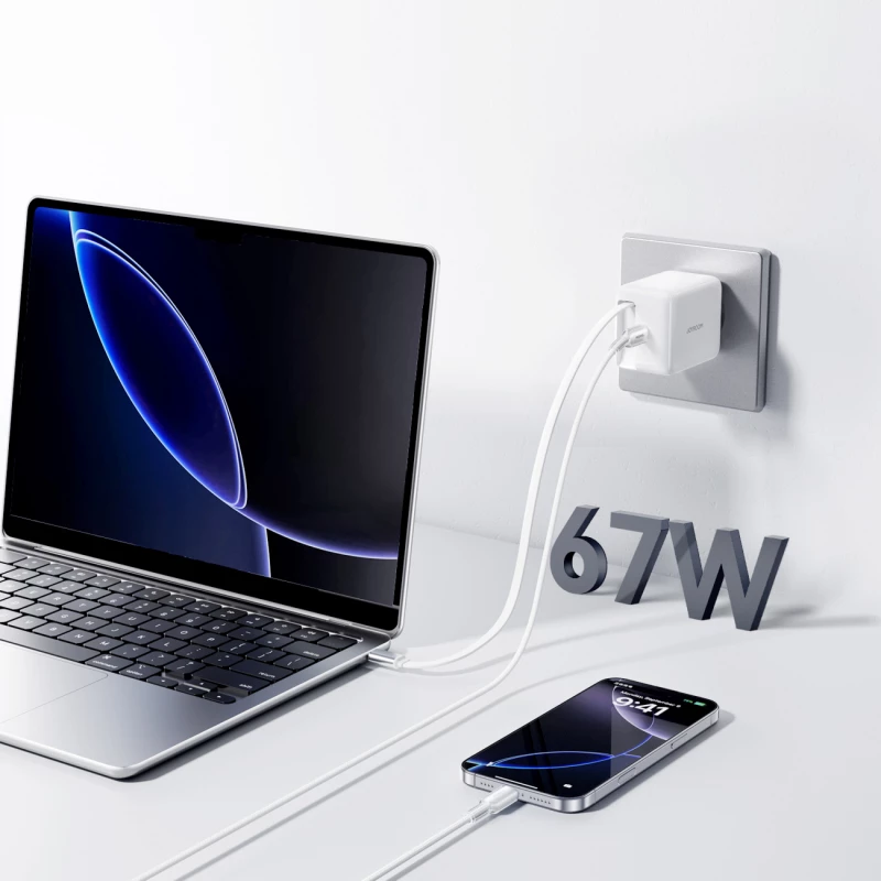 Joyroom JR-TCL06 67W GaN Wall Charger with Built-in Retractable USB-C Cable - White