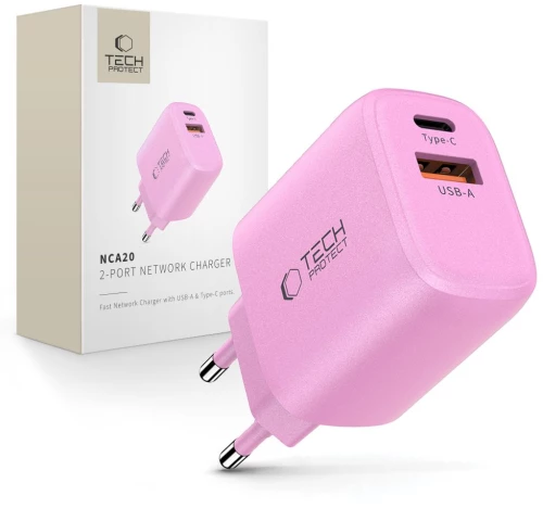 Tech-Protect NCA20 PD 20W QC3.0 USB-A / USB-C Wall Charger - Pink