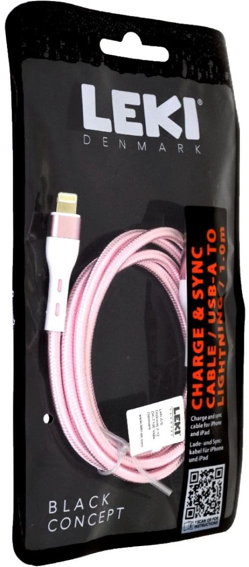 Καλώδιο Σύνδεσης και Φόρτισης Leki Black Concept USB-A σε Lightning Braided Ροζ 1m