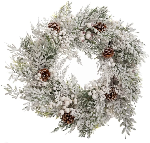 Χριστουγεννιάτικο χιονισμένο στεφάνι σε λευκή απόχρωση με κουκουνάρια και berries 55 εκ