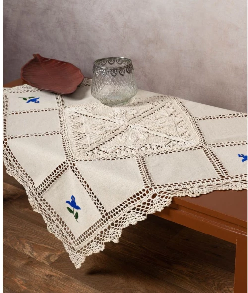 Καρέ με πλεκτό και απλικέ (90cm x 90cm) 030 μπλέ λουλούδι