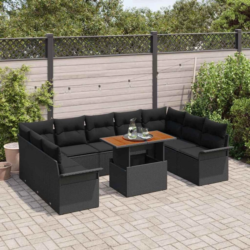 vidaXL Σετ Καναπέ Κήπου με αποθήκευση 10 pcs Μαύρο Πολυ ράταν