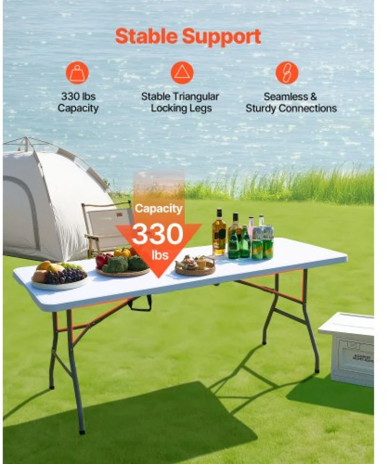 VEVOR 180cm Plastic Folding Table Portable Picnic Table Handle Indoor Outdoor
