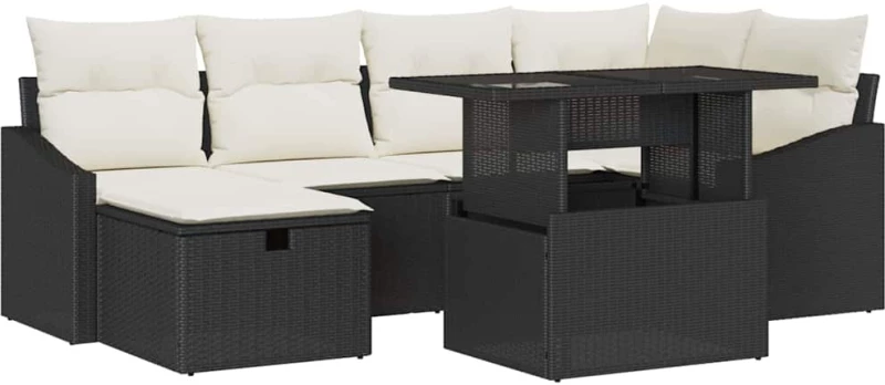 vidaXL Σετ Καναπέ Κήπου με μαξιλάρι 7 pcs Μαύρο Πολυ ράταν