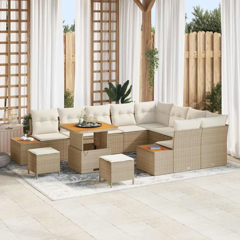 vidaXL Σετ Καναπέ Κήπου με μαξιλάρι 12 pcs Μπεζ Πολυ ράταν