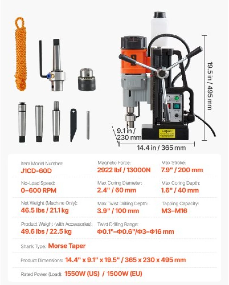 VEVOR Magnetic Drill Press Mag Drill Press 1500 W 60 mm Boring Dia 0-600 RPM
