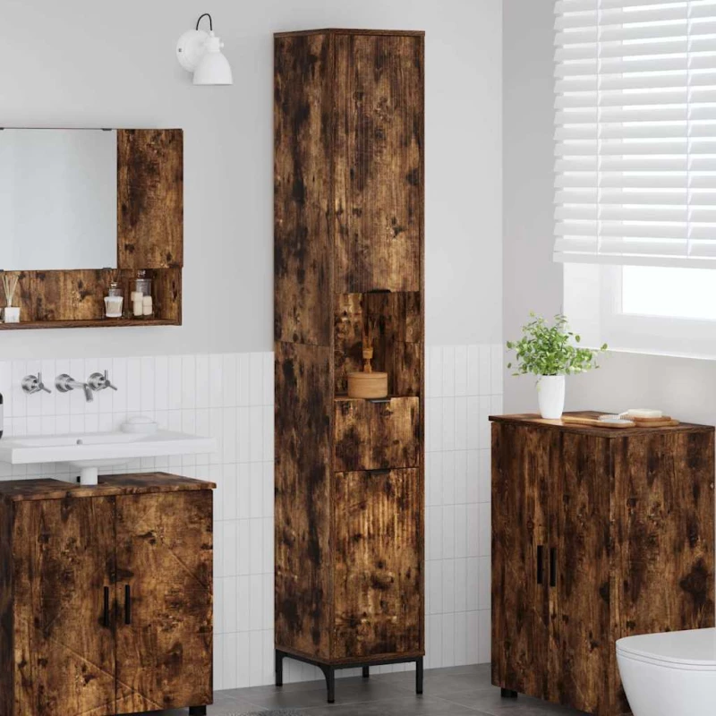vidaXL Ψηλό ντουλάπι μπάνιου Καπνιστή δρυς 31.5 x 33 x 190 εκ.